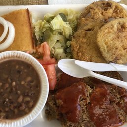 Meatloaf, field peas, fried green tomatoes, cabbage, and cornbread. Meatloaf, field peas, fried green tomatoes, cabbage, and cornbread.