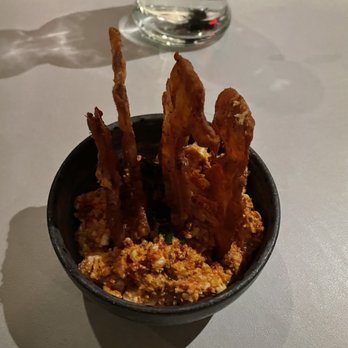 Krasi - Chicken skin and whipped feta - Mediterranean Near Me - Boston, Massachusetts Krasi - Chicken skin and whipped feta - Mediterranean Near Me - Boston, Massachusetts
