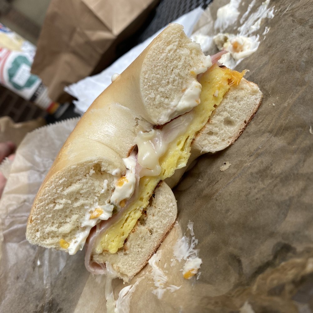 Cream cheese, cheddar cheese, egg, ham i think something in there was jalepeno too it was so good Cream cheese, cheddar cheese, egg, ham i think something in there was jalepeno too it was so good