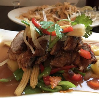 Wyckoff Thai - Crispy Duck Pineapple. Definitely crispy. No bones. Meaty. Amazing sauce - Thai Near Me - Wyckoff, New Jersey Wyckoff Thai - Crispy Duck Pineapple. Definitely crispy. No bones. Meaty. Amazing sauce - Thai Near Me - Wyckoff, New Jersey