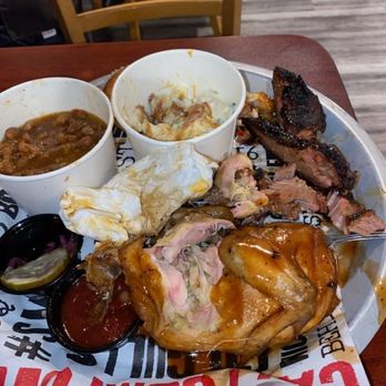 Cali BBQ - 2 item combo brisket, chicken beans and potato salad.   Notice how the brisket looks?  We barely touched it.  That's how its served. - Barbeque Near Me - Spring Valley, California