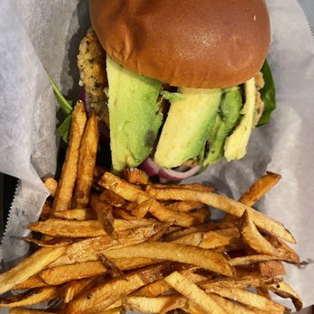 Two Roads Tavern - Quinoa burger with fries - Seafood Near Me - Kitty Hawk, North Carolina