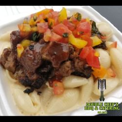 Double Chefs BBQ & Catering - White Cheddar, White Truffle Shells & Cheese Loaded With Brisket & Sweet Pepper Bruschetta