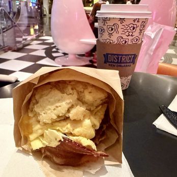 District: Donuts. Sliders. Brew - Cherrywood smoked bacon,Scrambled egg and american cheese, and Biscuit Sandwich - Coffee & Tea Near Me - Las Vegas, Nevada