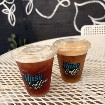 Muse Coffee Truck - 12 oz Hibiscus Shaken Tea (left) & Golden Hour Shaken Espresso (right) - Coffee & Tea Near Me - Austin, Texas Muse Coffee Truck - 12 oz Hibiscus Shaken Tea (left) & Golden Hour Shaken Espresso (right) - Coffee & Tea Near Me - Austin, Texas