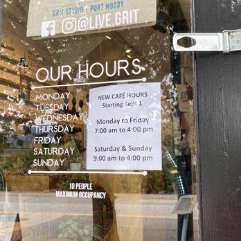 Grit Studio - Hours from September 2023 - Coffee & Tea Near Me - Port Moody, British Columbia
