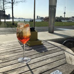 Aperol Spritz after the ferry and bike ride around Kinderdijk (windmills)