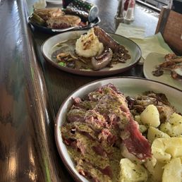 Corned beef, bangers and mash, reuben