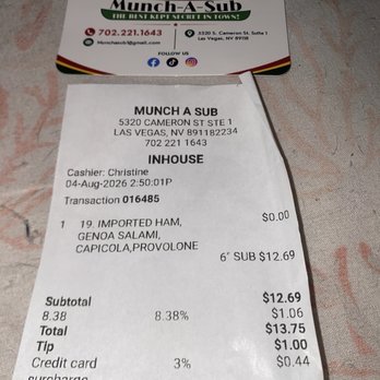 Munch-A-Sub - The receipt  The receipt - Sandwiches Near Me - Las Vegas, Nevada