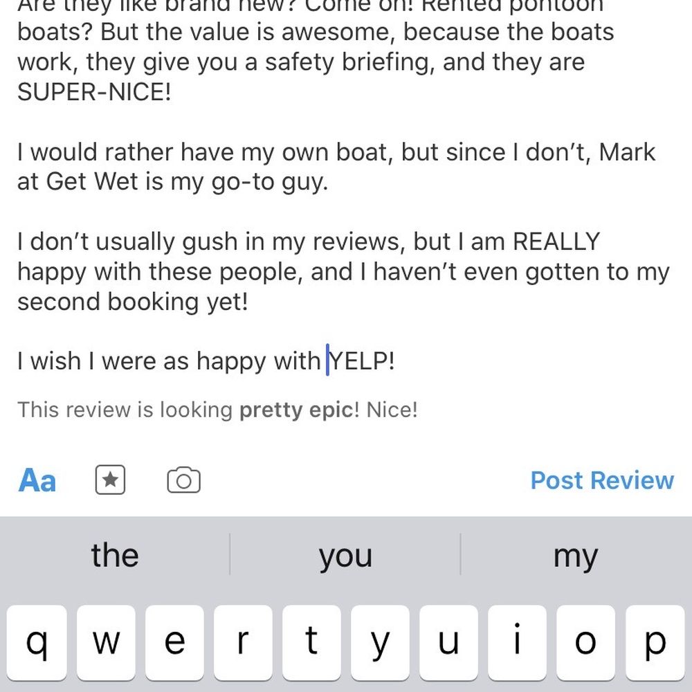 Get Wet Watersports - What it says right now about my YELP review before I post it... pretty epic! - Boating Near Me - Tavares, Florida Get Wet Watersports - What it says right now about my YELP review before I post it... pretty epic! - Boating Near Me - Tavares, Florida