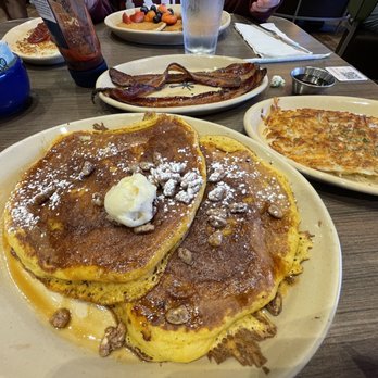 Snooze, an A.M. Eatery - Sweet Potato Pancakes Pepper Glazed Bacon Well Done Hash browns - Breakfast & Brunch Near Me - Addison, Texas