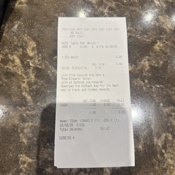 Outback Steakhouse - The receipt after they cleared my bill - Steakhouses Near Me - El Cajon, California Outback Steakhouse - The receipt after they cleared my bill - Steakhouses Near Me - El Cajon, California