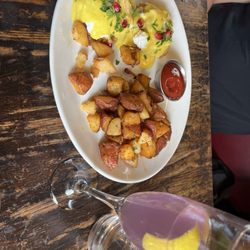 The Dish & Dram - Fried green tomatoes benedict and French 75