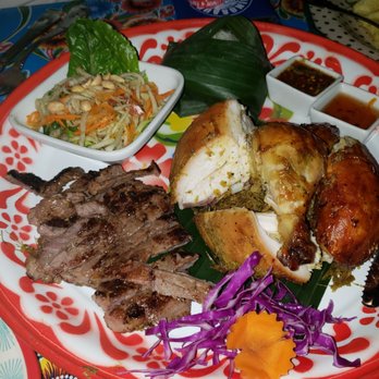 Kai Yang - Half chicken special with steak, papaya salad and sticky rice. - Thai Near Me - Montclair, New Jersey Kai Yang - Half chicken special with steak, papaya salad and sticky rice. - Thai Near Me - Montclair, New Jersey
