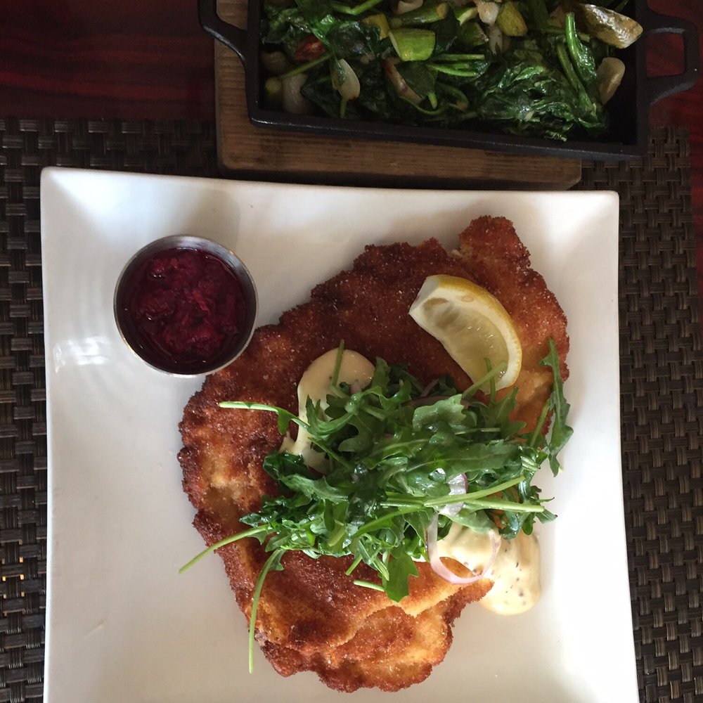 James On Main - The schnitzel, with a side of "garlicky greens" - New American Near Me - Hackettstown, New Jersey James On Main - The schnitzel, with a side of "garlicky greens" - New American Near Me - Hackettstown, New Jersey