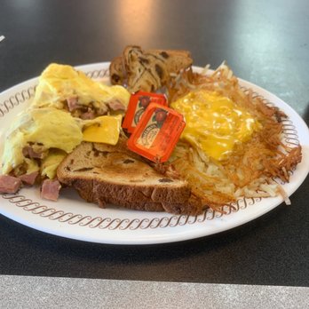 Waffle House - Ham and cheese omelet with scattered and covered browns with raisin bread. - Breakfast & Brunch Near Me - Conroe, Texas Waffle House - Ham and cheese omelet with scattered and covered browns with raisin bread. - Breakfast & Brunch Near Me - Conroe, Texas