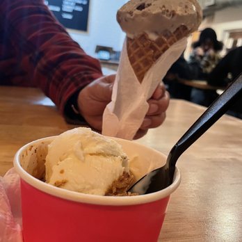 milk + sugar - Single Scoop of butter pecan streusel in House-made waffle cone and a Double Scoop of city that never sleeps and rain or shine. - Ice Cream & Frozen Yogurt Near Me - Houston, Texas