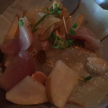 Uchi Houston - Machi Cure - smoked baby yellowtail, yucca crisp, Almond - Sushi Bars Near Me - Houston, Texas Uchi Houston - Machi Cure - smoked baby yellowtail, yucca crisp, Almond - Sushi Bars Near Me - Houston, Texas