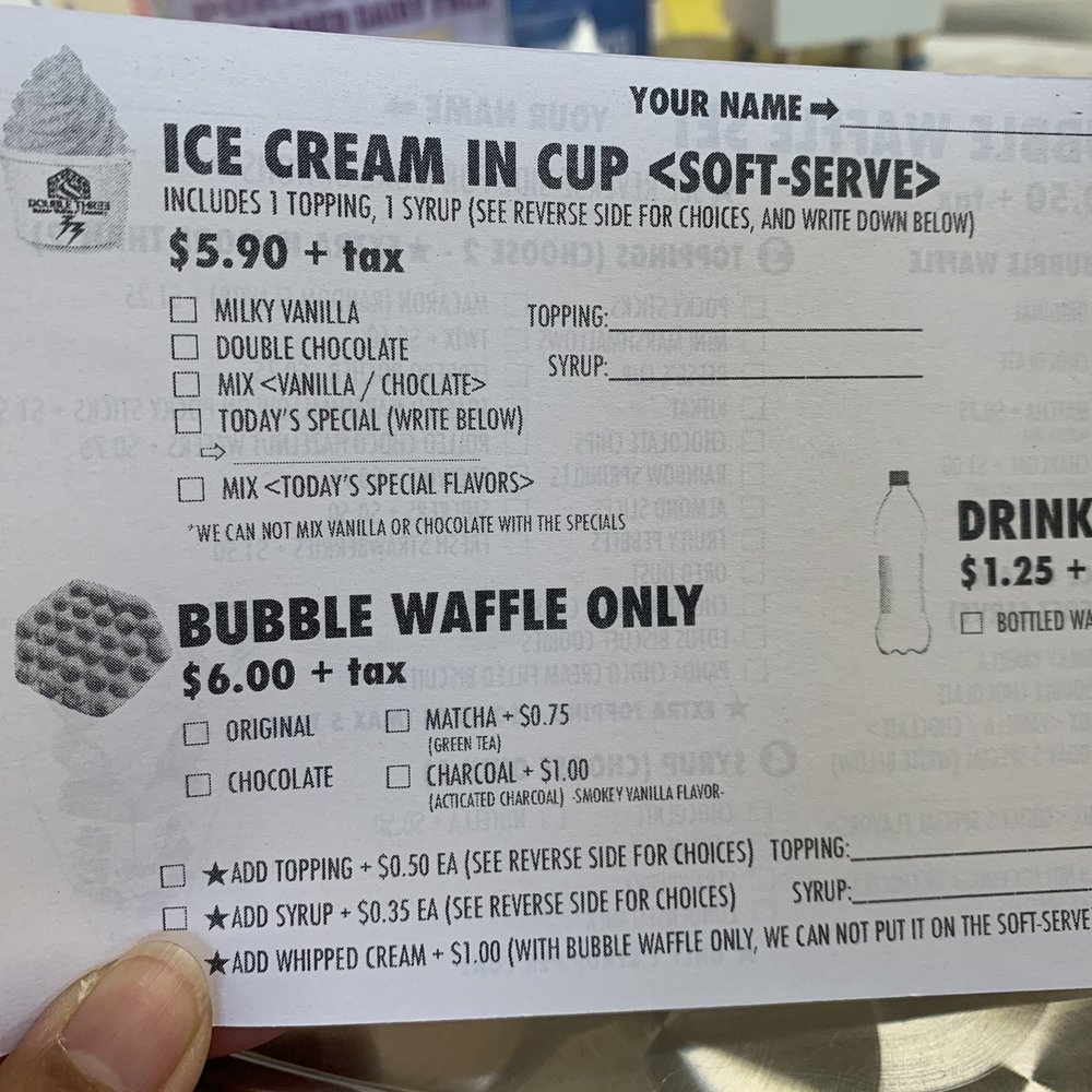 Double Three - Back of menu/order sheet as of 1/29/2023 - Ice Cream & Frozen Yogurt Near Me - Honolulu, Hawaii Double Three - Back of menu/order sheet as of 1/29/2023 - Ice Cream & Frozen Yogurt Near Me - Honolulu, Hawaii