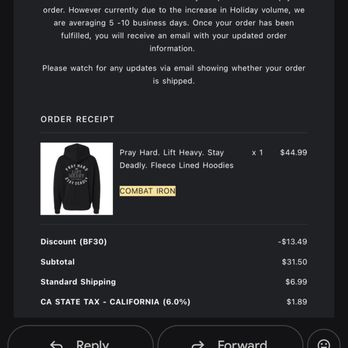 Combat Iron Apparel - they need to change the qau they ship things 3-5 business days and 5-10 during holidays naw thats garbage - Men's Clothing Near Me - Gainesville, Georgia