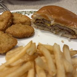 Junior double cheeseburger, chicken nuggets, and fries