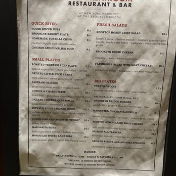 New York Marriott at the Brooklyn Bridge - Bar food menu, there isn't a formal restaurant and MLounge is closed after 10am on Fridays. - Hotels Near Me - Brooklyn, New York New York Marriott at the Brooklyn Bridge - Bar food menu, there isn't a formal restaurant and MLounge is closed after 10am on Fridays. - Hotels Near Me - Brooklyn, New York