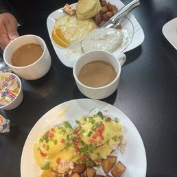Crab Benedict and chicken fried steak. Crab Benedict and chicken fried steak.