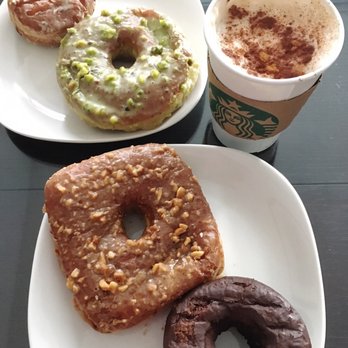 Doughnut Plant - (Coffee is not from there obviously) PB&J, Blackout, Pistachio, Hazelnut-Choc - Donuts Near Me - Brooklyn, New York