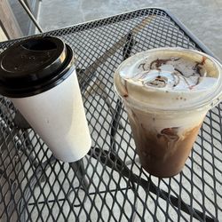 Sage Coffee - Cinnamon roll latte (hot) and Campfire cold brew