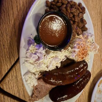 The State Line - Brisket and Sausage lunch platter with coleslaw, beans and potato salad - Barbeque Near Me - El Paso, Texas