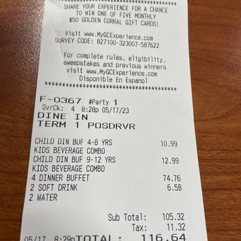 Golden Corral Buffet & Grill - Receipt - Buffets Near Me - Cicero, Illinois
