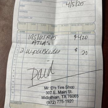 Mr D's Tire Shop - 4 new tires and 2 wipers for $440.00! Now that's a good deal. - Tires Near Me - Midlothian, Texas Mr D's Tire Shop - 4 new tires and 2 wipers for $440.00! Now that's a good deal. - Tires Near Me - Midlothian, Texas