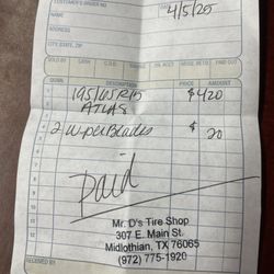 Mr D's Tire Shop - 4 new tires and 2 wipers for $440.00! Now that's a good deal.