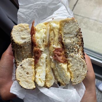 Big Apple Bagels - southern tradition with bacon sub egg whites on an everything bagel - Bagels Near Me - Elgin, Illinois