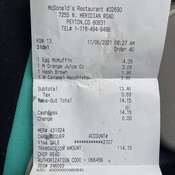 McDonald's - The receipt of this mishap - Fast Food Near Me - Peyton, Colorado