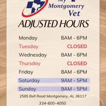 My Montgomery Vet - Current hours of operation - Veterinarians Near Me - Montgomery, Alabama My Montgomery Vet - Current hours of operation - Veterinarians Near Me - Montgomery, Alabama