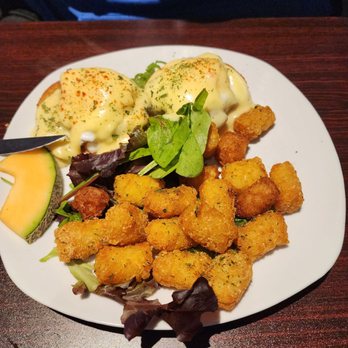 Flat Pennies Kitchen - Today's special - steak tips Benedict with seasoned tater tots - Breakfast & Brunch Near Me - Willington, Connecticut