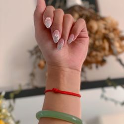 F And T Nail Spa - Left hand - Powder gel, glitter ombré, rhinestones & flower sticker