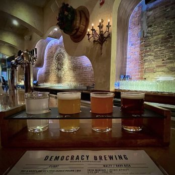 Democracy Brewing - A SELTZER (A seasonal hard seltzer)!  TICKLED PINK (Cranberry Sour)  BIG FELLAH (Double IPA)  ST. FRANCIS ALE (Dark Ale) - American Near Me - Boston, Massachusetts