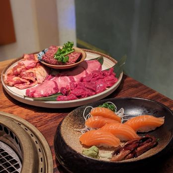 Hiyake Omakase - Toro beef - spicy sauce marinated House cut on the small plate  Tongue - in the middle  Filet Mignon Block- to the front - Japanese Near Me - New York, New York
