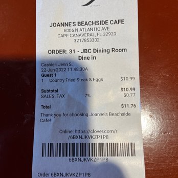 Joanne’s Beachside Cafe - the receipt - American Near Me - Cape Canaveral, Florida