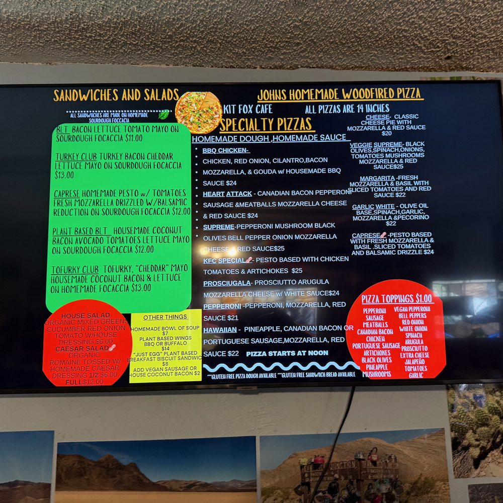 Kit Fox Cafe - Menu board 2. - Coffee & Tea Near Me - Tecopa, California Kit Fox Cafe - Menu board 2. - Coffee & Tea Near Me - Tecopa, California