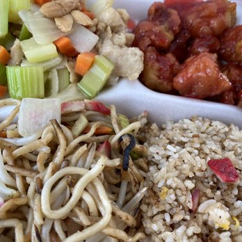 China Garden - Combination Plate #D - Pork Chow Mein, Pork Fried Rice, Sweet and Sour Pork, Almond Chicken - Chinese Near Me - Tulare, California