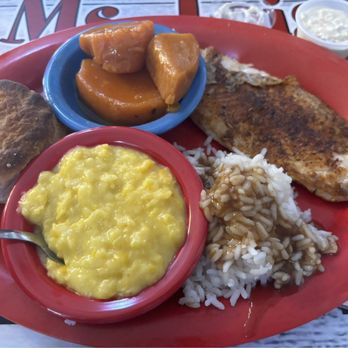 Ms Lois' - Blackened catfish, rice and gravy, candied yams, creamed corn, biscuit - Diners Near Me - Franklin, North Carolina