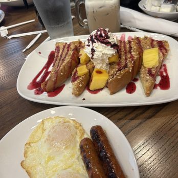 Another Broken Egg Cafe - seasonal dragon fruit French toast and the butter pecan cold brew. - American Near Me - North Canton, Ohio