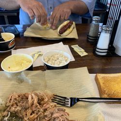 Rick's Barbecue - Fayetteville - Slaw dog with Mac& cheese. Pulled pork plate with vinegar slaw and potato salad.