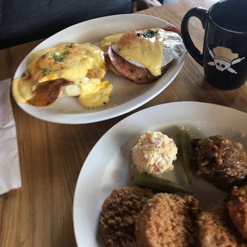 Vicious Biscuit - Fried green tomatoes, pickled okra, maple bacon jam, and the Vicious Benny - Coffee & Tea Near Me - Summerville, South Carolina