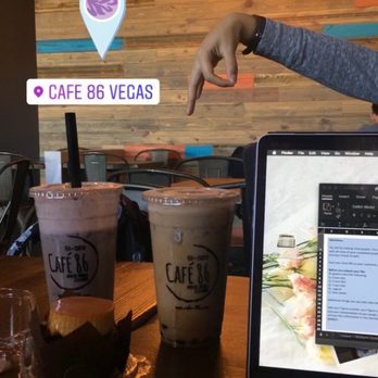 Cafe 86 - Ube milk tea to the left. Honey b to the right. - Desserts Near Me - Las Vegas, Nevada