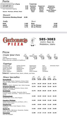 Menu photo 4 Garbonzo's Pizza Caldwell, ID