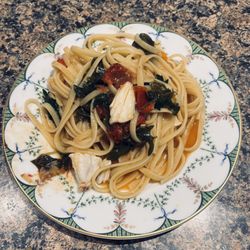 Palmer's Quality Meats - Linguini with jumbo lump crab, heirloom cherry tomatoes, arugula, using your chicken bone broth with white wine to sauce it.